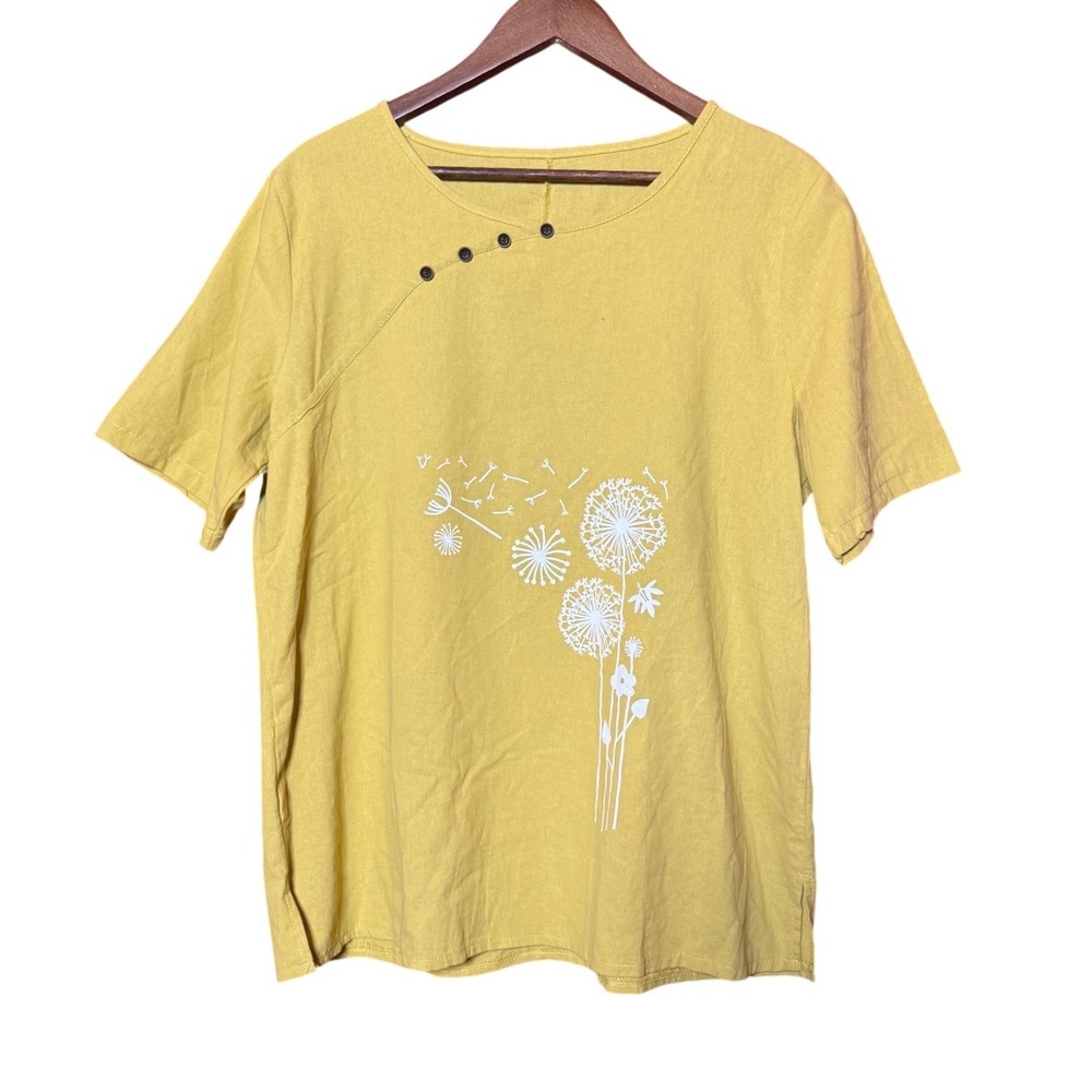 Unbranded Women‎ Large Yellow Cotton Dandelion Graphic Top Asymmetrical Button
